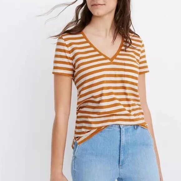 Madewell Womens Small Whisper Cotton V-Neck Pocket Tee in Richie Stripe - Picture 1 of 5